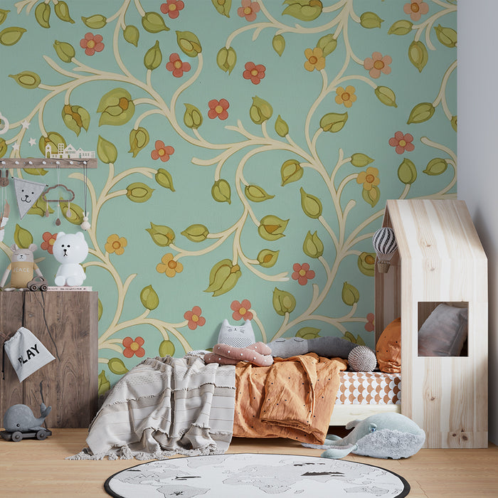 Papel pintado para habitación infantil | Motivos florales delicados sobre fondo azul