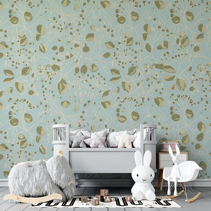 Nursery wallpaper | Delicate floral patterns on a light blue background