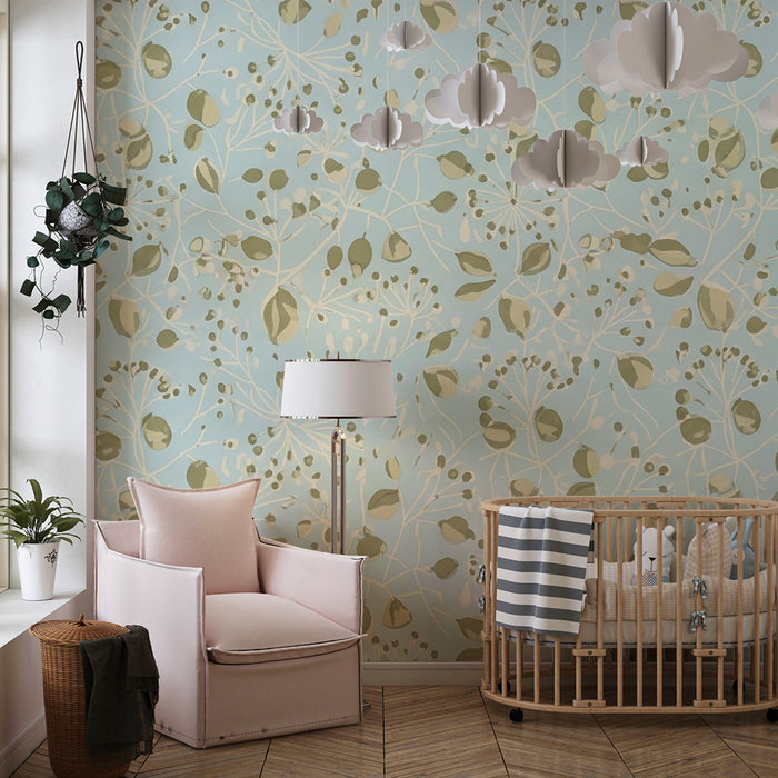 Nursery wallpaper | Delicate floral patterns on a light blue background