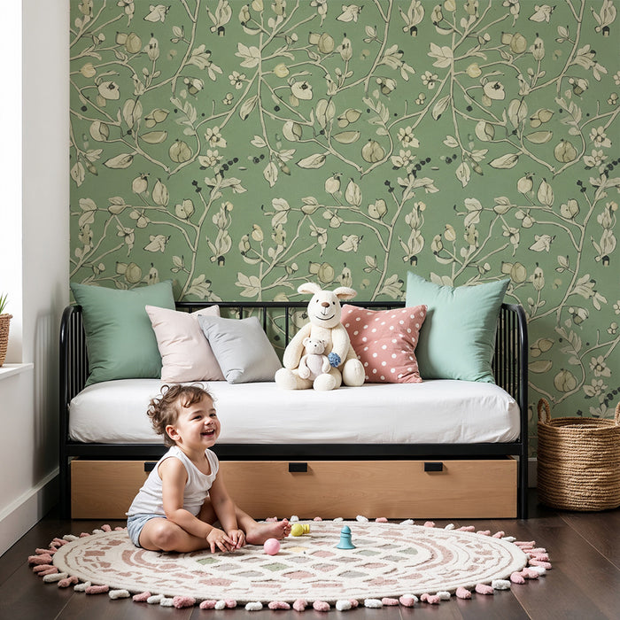 Papel pintado para habitación infantil | Motivos florales delicados sobre fondo verde relajante