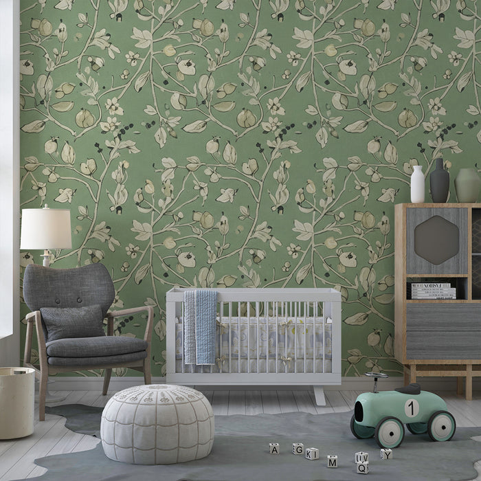 Papel pintado para habitación infantil | Motivos florales delicados sobre fondo verde relajante