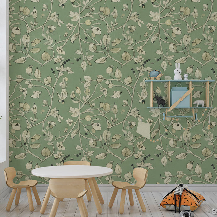 Papel pintado para habitación infantil | Motivos florales delicados sobre fondo verde relajante