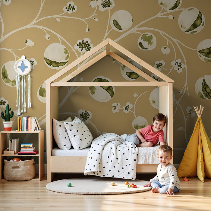 Papel de parede para quarto de bebé | Motivos florais suaves com bolas verdes sobre fundo bege