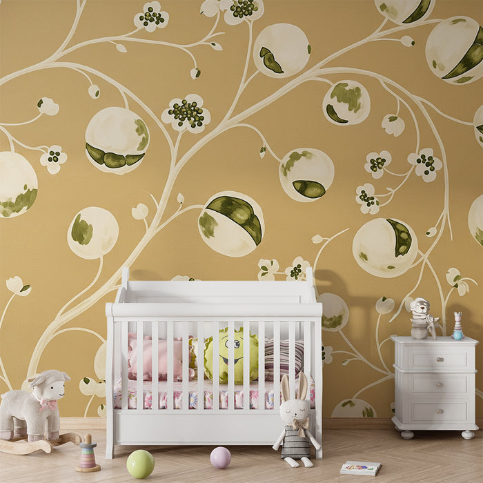 Papel de parede para quarto de bebé | Motivos florais suaves com bolas verdes sobre fundo bege