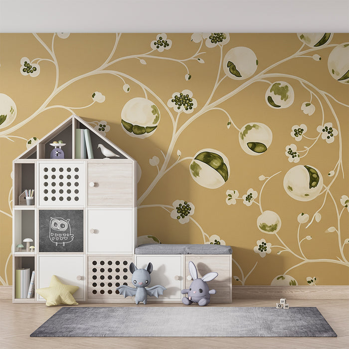 Papel de parede para quarto de bebé | Motivos florais suaves com bolas verdes sobre fundo bege