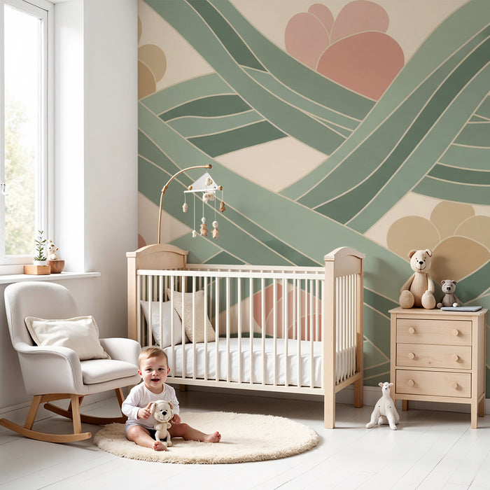 Papel pintado para habitación infantil | Motivos florales suaves con líneas entrelazadas
