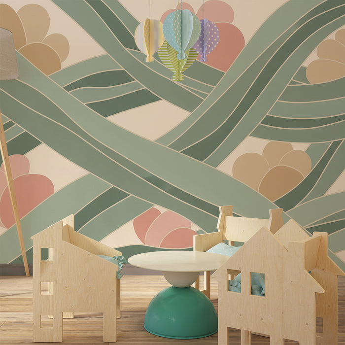 Papel pintado para habitación infantil | Motivos florales suaves con líneas entrelazadas