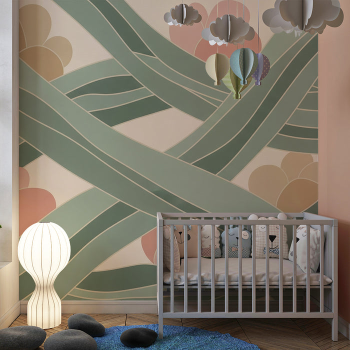 Papel pintado para habitación infantil | Motivos florales suaves con líneas entrelazadas