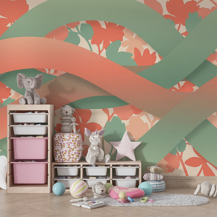 Papel pintado para habitación infantil | Motivos florales suaves con ondas pastel