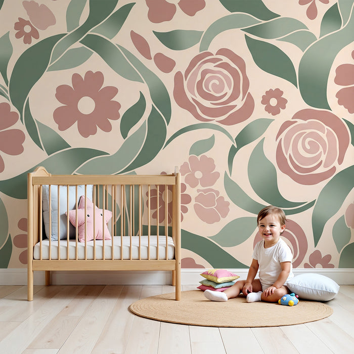 Papel de parede para quarto de bebé | Motivos florais suaves com rosas e folhagem delicada