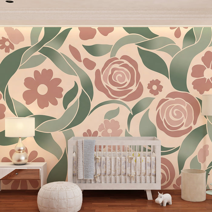 Papel de parede para quarto de bebé | Motivos florais suaves com rosas e folhagem delicada
