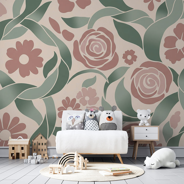 Papel de parede para quarto de bebé | Motivos florais suaves com rosas e folhagem delicada