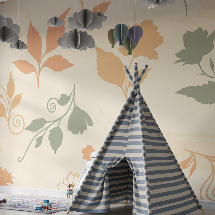 Børneværelse tapet | Bløde blomstermotiver i pastelfarver