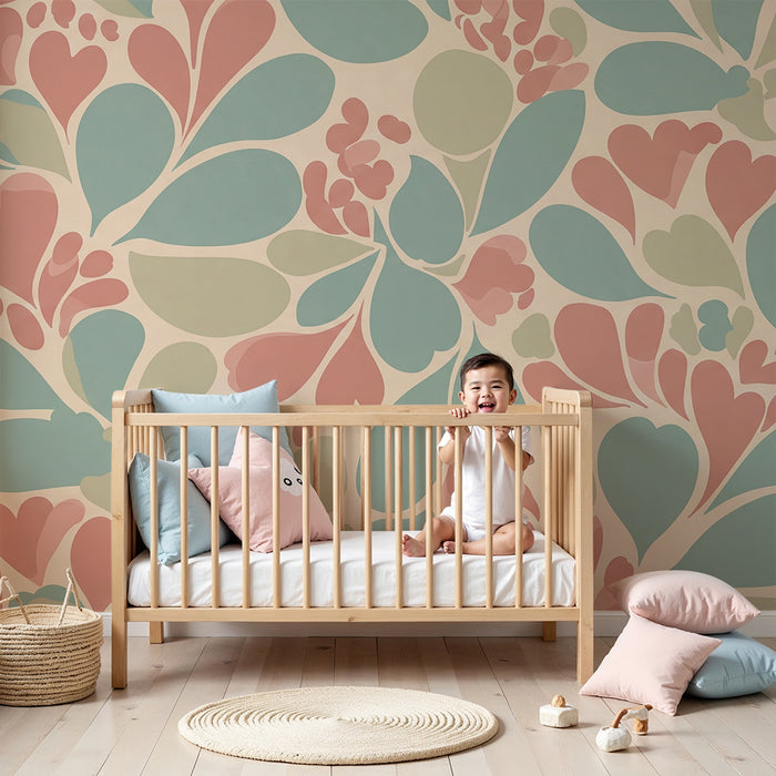Papier peint chambre bébé | Motifs floraux doux en rose et vert