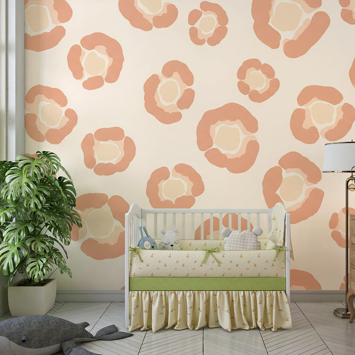 Papel de parede para quarto de bebé | Motivos florais suaves em tons de pêssego e creme