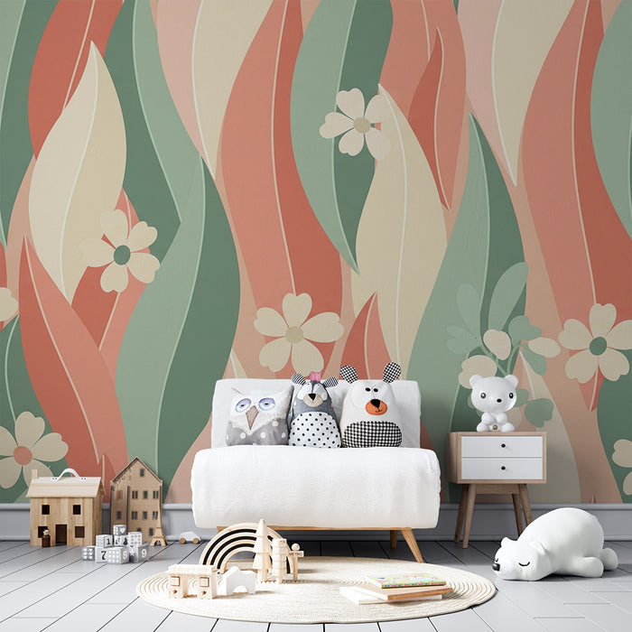 Tapet pentru camera copilului | Flori delicate și valuri colorate