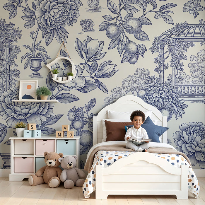 Behang babykamer | Elegante bloemenmotieven met tuinelementen