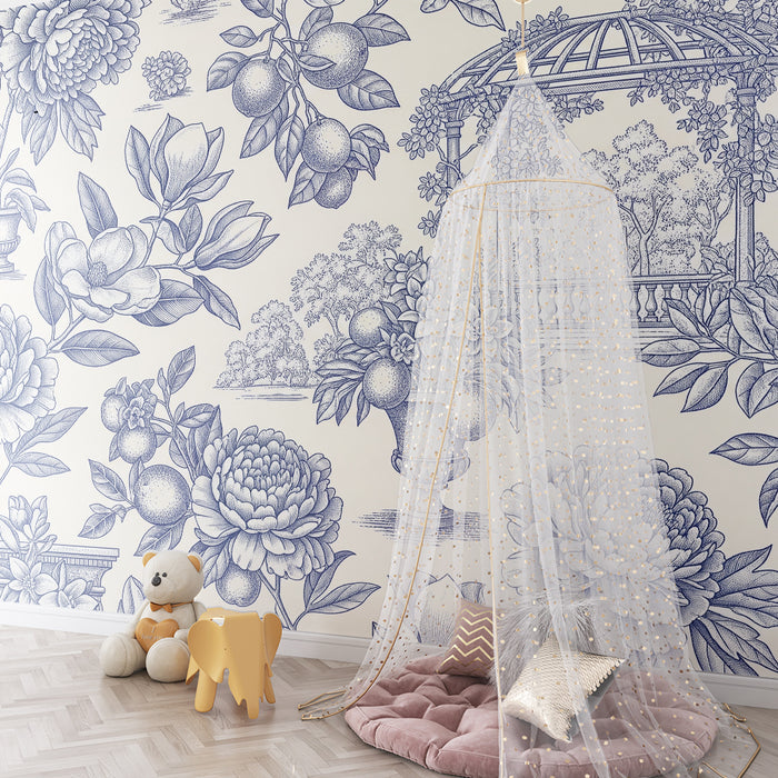 Behang babykamer | Elegante bloemenmotieven met tuinelementen