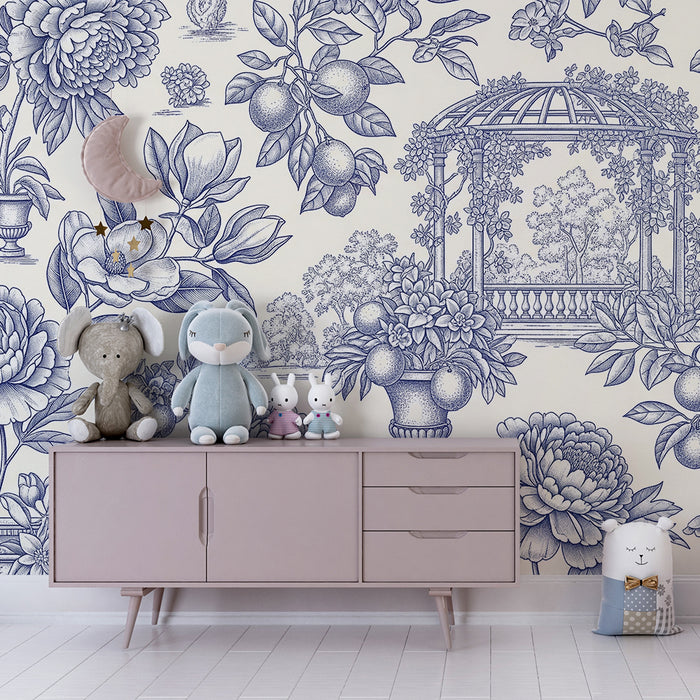 Behang babykamer | Elegante bloemenmotieven met tuinelementen