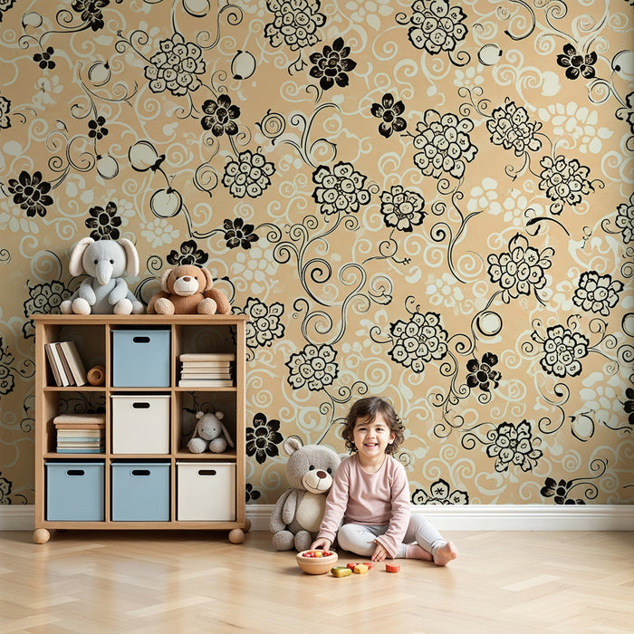 Baby nursery wallpaper | Elegant floral patterns on a peach background