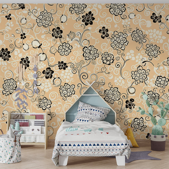 Baby nursery wallpaper | Elegant floral patterns on a peach background