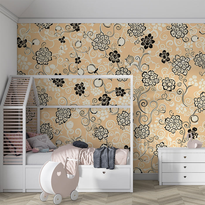 Baby nursery wallpaper | Elegant floral patterns on a peach background