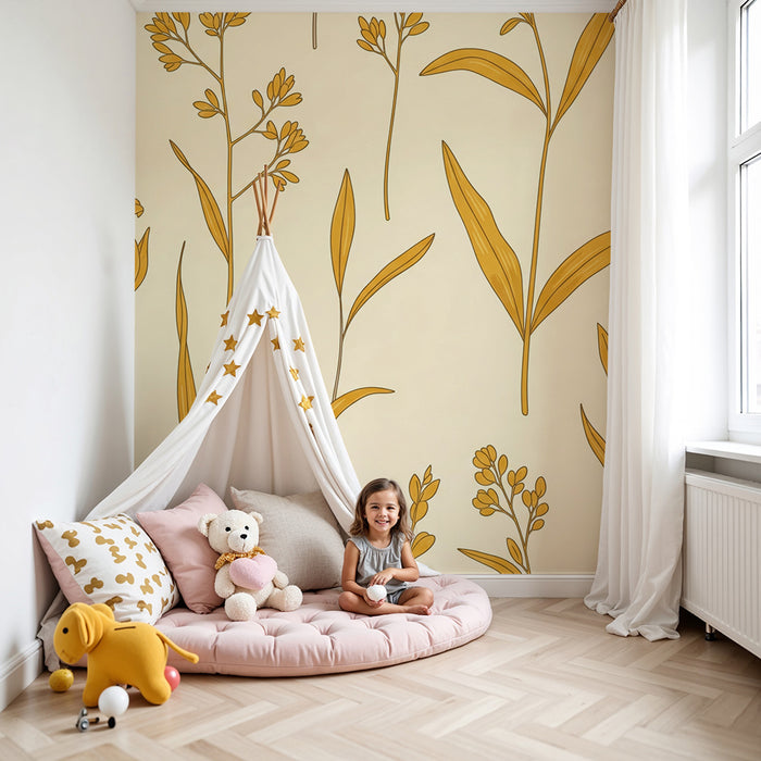 Papier peint chambre bébé | Motifs floraux en jaune sur fond crème doux