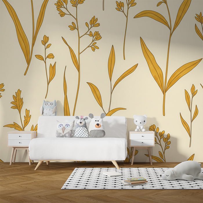 Papier peint chambre bébé | Motifs floraux en jaune sur fond crème doux