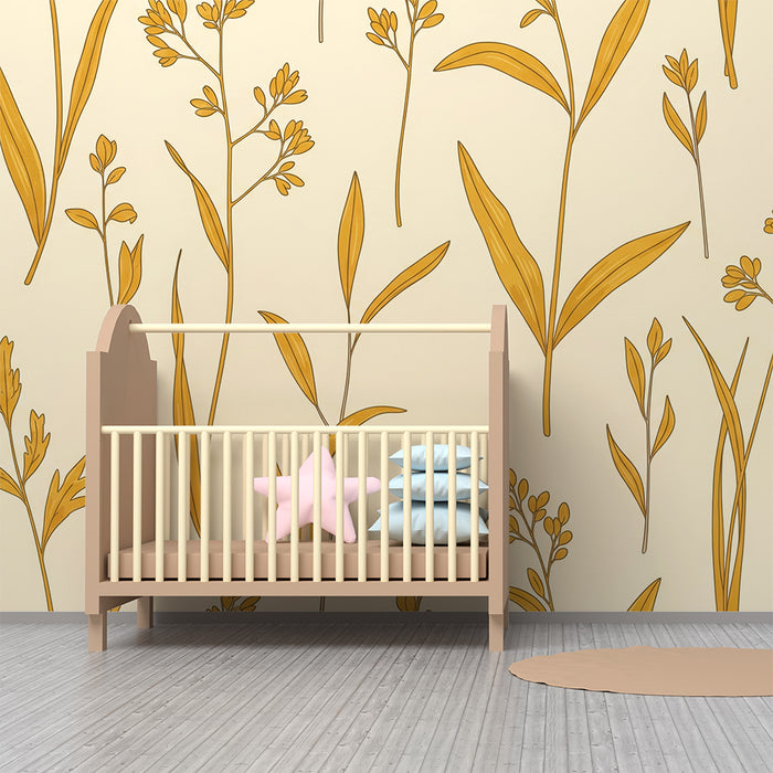 Papier peint chambre bébé | Motifs floraux en jaune sur fond crème doux