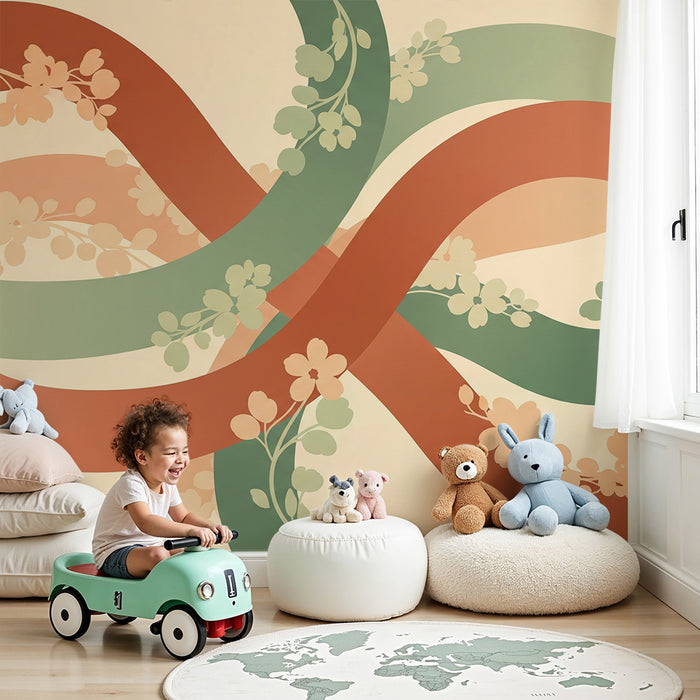 Papel de parede para quarto de bebé | Motivos florais enrolados em tons suaves