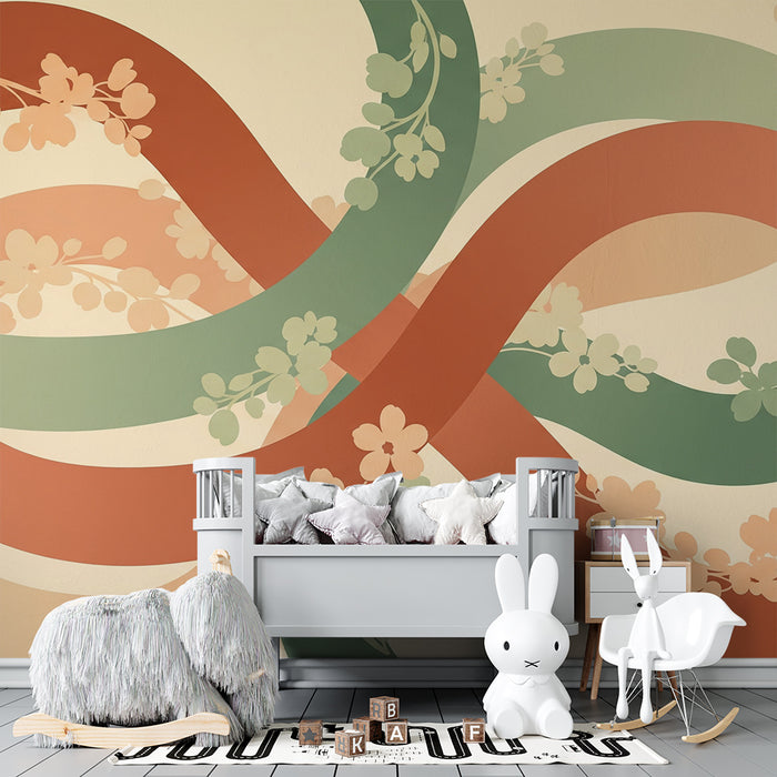 Papel de parede para quarto de bebé | Motivos florais enrolados em tons suaves