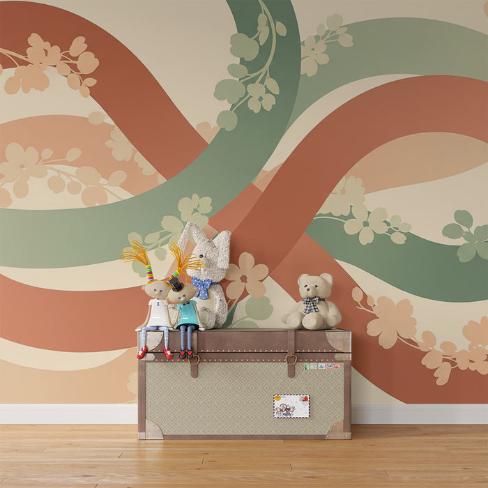 Papel de parede para quarto de bebé | Motivos florais enrolados em tons suaves
