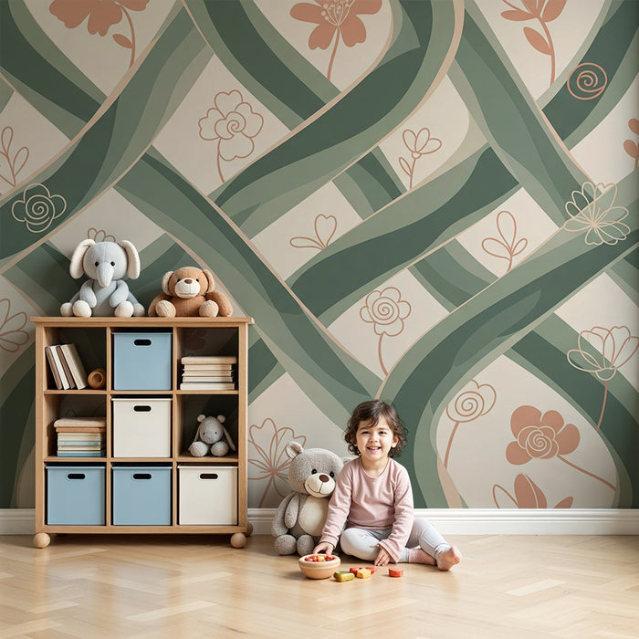 Papier peint chambre bébé | Motifs floraux et entrelacs délicats dans des tons doux