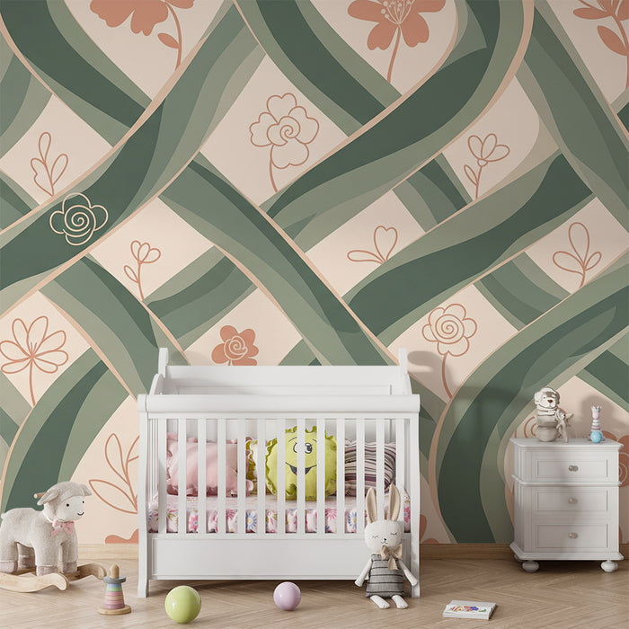 Papier peint chambre bébé | Motifs floraux et entrelacs délicats dans des tons doux