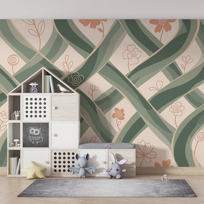 Papier peint chambre bébé | Motifs floraux et entrelacs délicats dans des tons doux
