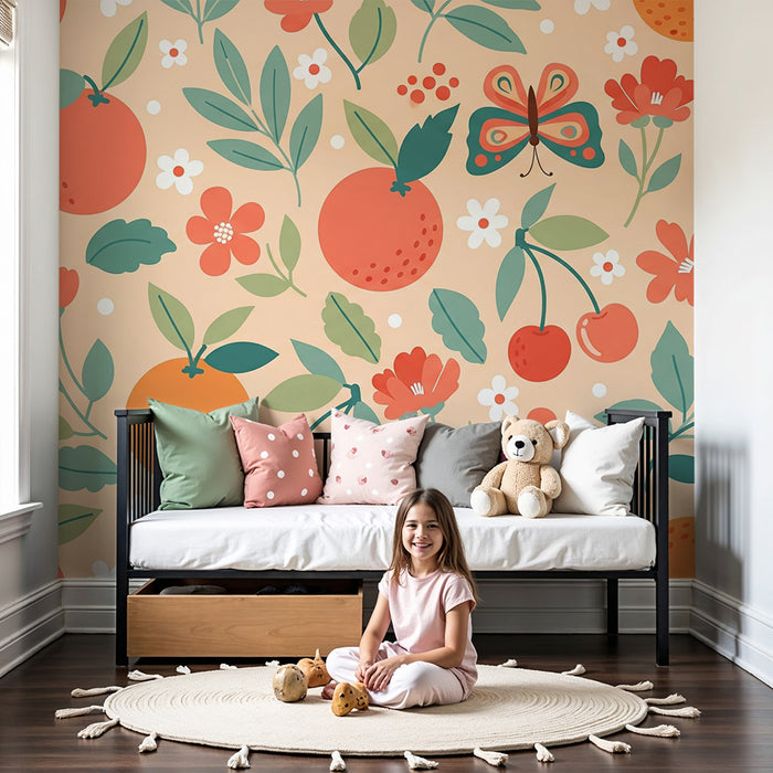 Babyzimmer Tapete | Bunte Blumen- und Fruchtmotive mit Schmetterlingen