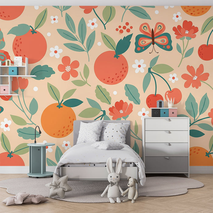 Babyzimmer Tapete | Bunte Blumen- und Fruchtmotive mit Schmetterlingen