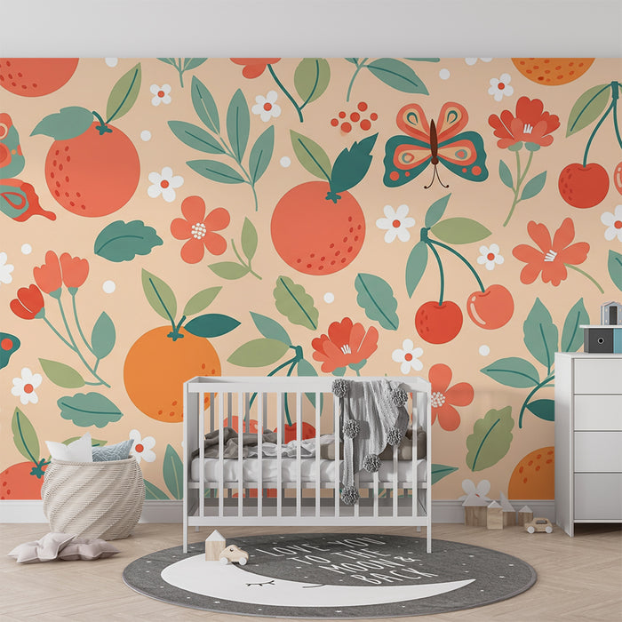 Babyzimmer Tapete | Bunte Blumen- und Fruchtmotive mit Schmetterlingen
