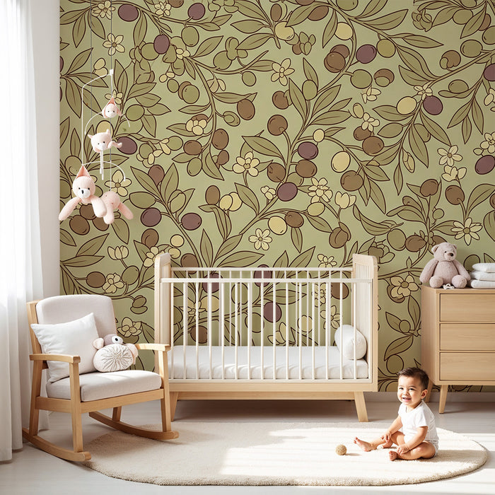 Papel pintado para habitación infantil | Motivos florales y frutas delicadas sobre fondo suave
