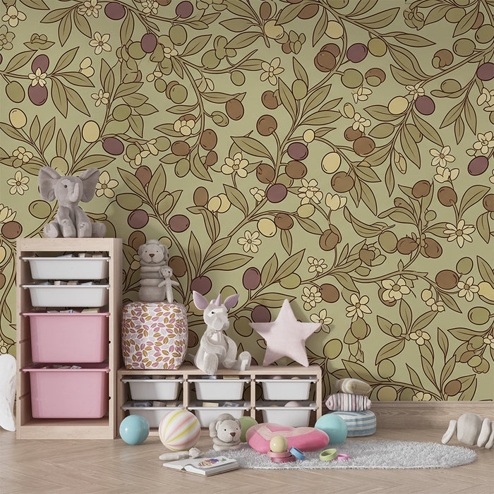 Papel pintado para habitación infantil | Motivos florales y frutas delicadas sobre fondo suave