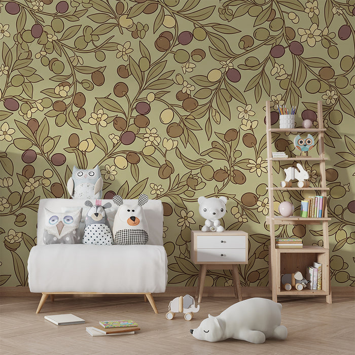 Papel pintado para habitación infantil | Motivos florales y frutas delicadas sobre fondo suave