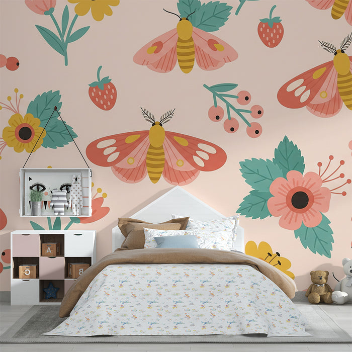 Behang voor babykamer | Kleurrijke bloemen en vlinders op roze achtergrond