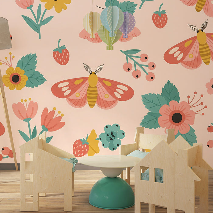 Behang voor babykamer | Kleurrijke bloemen en vlinders op roze achtergrond