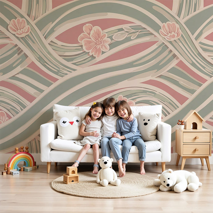 Papel de parede para quarto de bebé | Motivos florais e ondas suaves em tons pastel