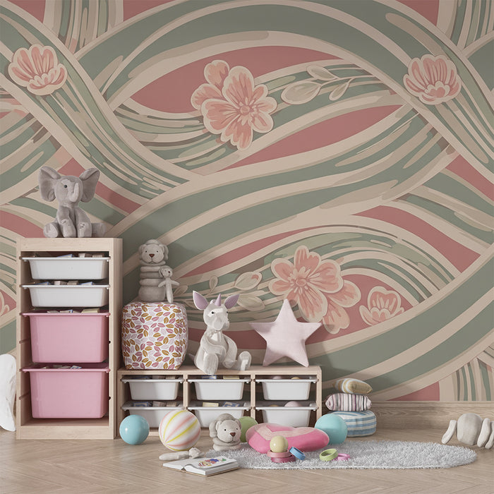 Papel de parede para quarto de bebé | Motivos florais e ondas suaves em tons pastel