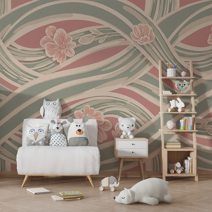 Papel de parede para quarto de bebé | Motivos florais e ondas suaves em tons pastel
