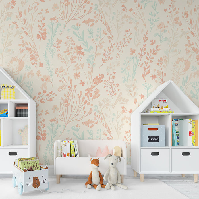 Børneværelse tapet | Fine pastelfarvede blomstermotiver