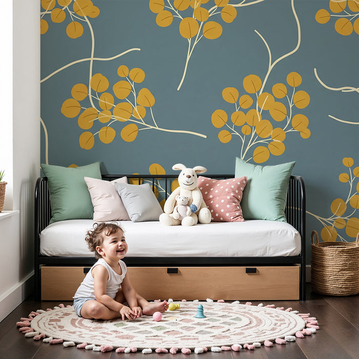 Papel de parede para quarto de bebé | Motivos florais modernos com toques de amarelo sobre fundo azul