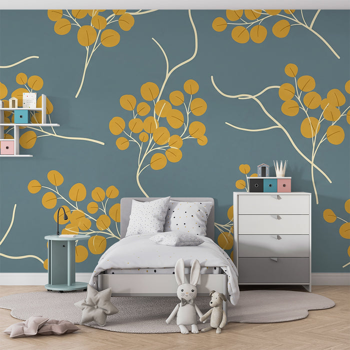 Papel de parede para quarto de bebé | Motivos florais modernos com toques de amarelo sobre fundo azul