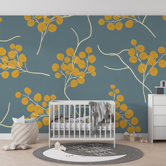 Papel de parede para quarto de bebé | Motivos florais modernos com toques de amarelo sobre fundo azul
